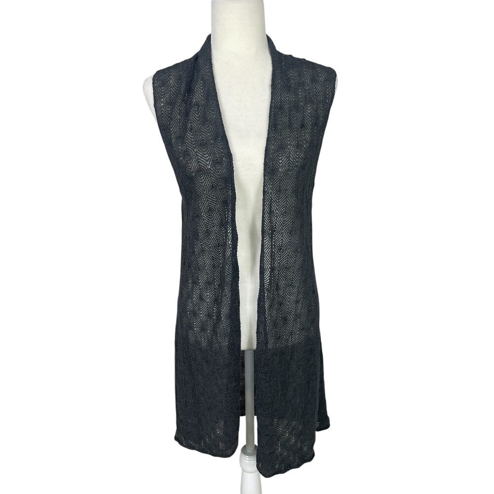 Eileen Fisher 100% Wool Crochet Open Long Line Cardigan M Effortless Chic Boho